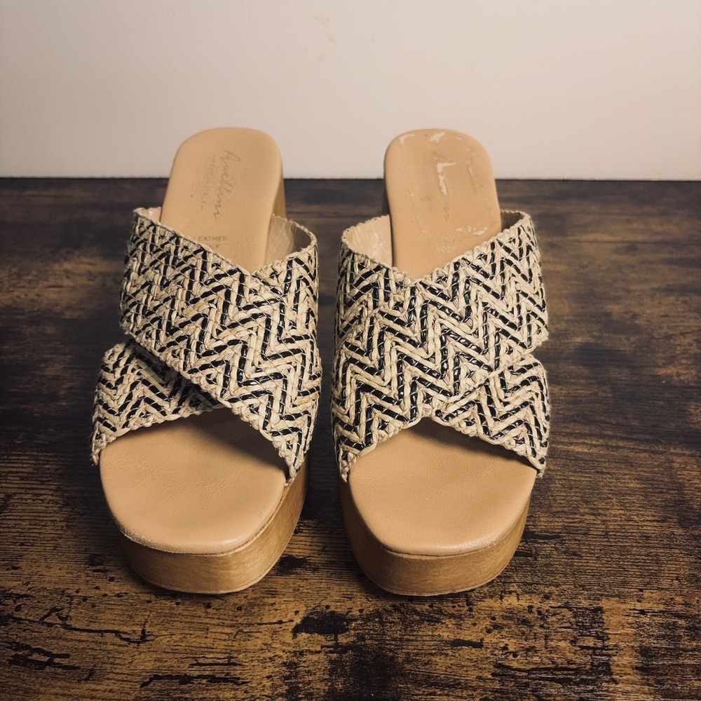 AVELLINI Platform Slide Sandals Sz 9 Black‎ Tan Woven X Straps Chunky Heel ITALY